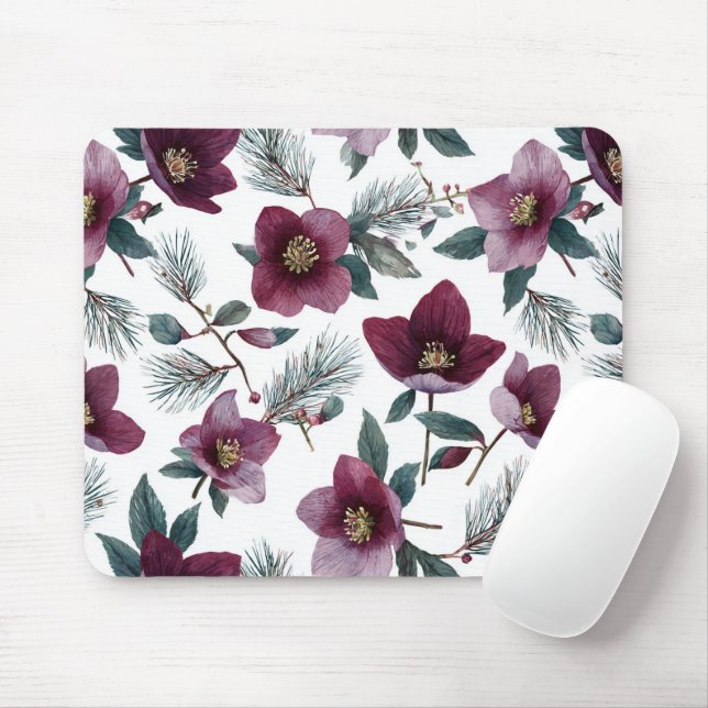 Burgundy Red Flowers Mouse Mat (With Mouse)