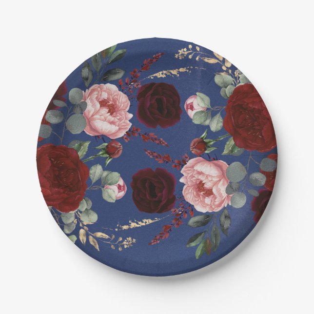 Burgundy Red Flowers Navy Blue Modern Fall Wedding Paper Plate (Front)
