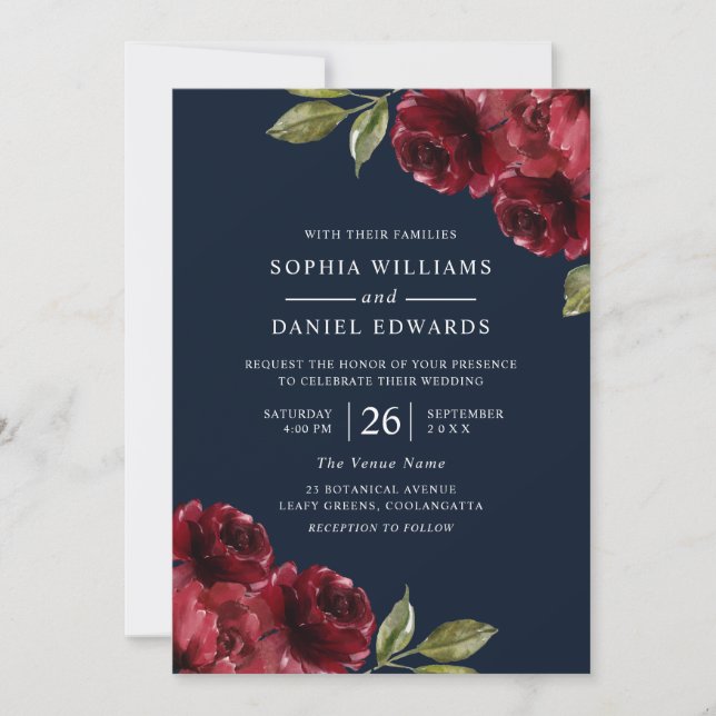 Burgundy Red Flowers, Navy Blue Wedding Invitation (Front)