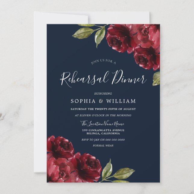 Burgundy Red Flowers & Navy Rehearsal Dinner Invitation (Front)