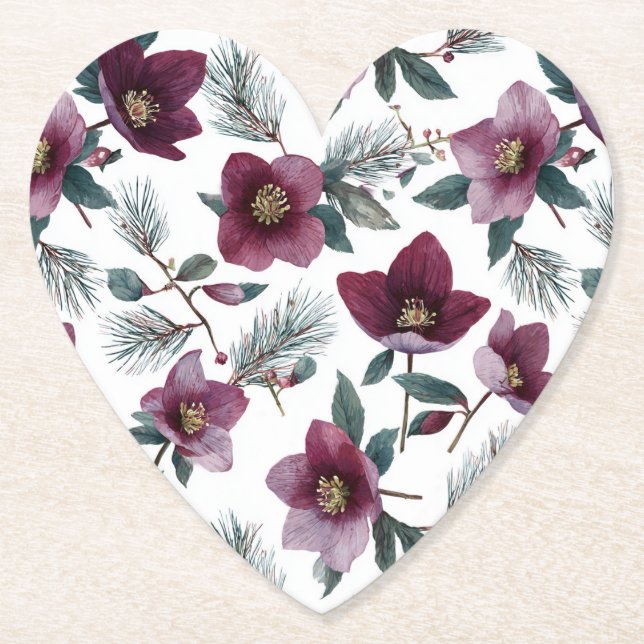 Burgundy Red Flowers Paper Coaster (Front)