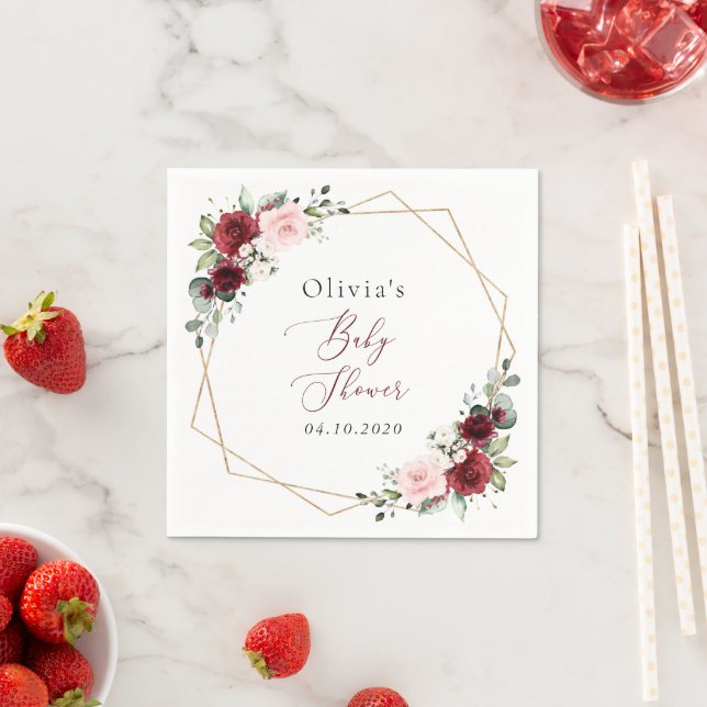 Burgundy Red Flowers, Pink Flowers, Baby Shower Napkin (Insitu)