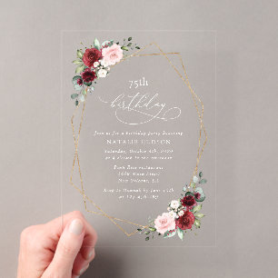 Burgundy Red Flowers, Pink Flowers, Birthday Acrylic Invitations