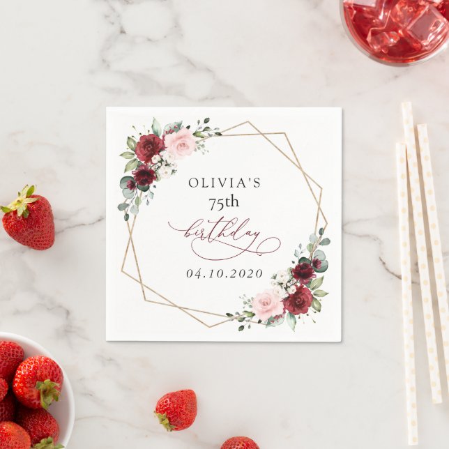 Burgundy Red Flowers, Pink Flowers, Birthday Napkin (Insitu)