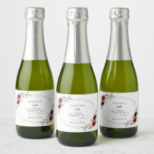 Burgundy Red Flowers, Pink Flowers, Birthday Sparkling Wine Label