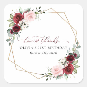 Burgundy Red Flowers, Pink Flowers, Birthday Square Sticker
