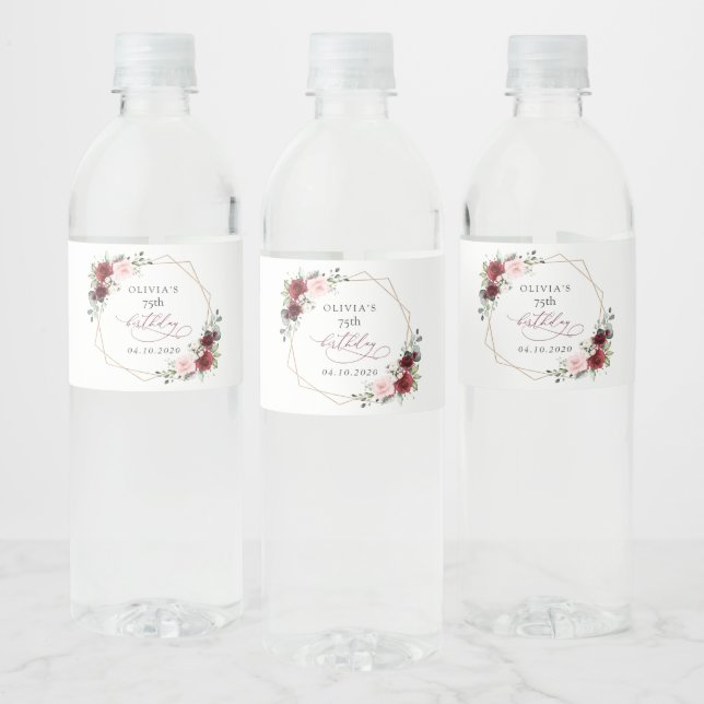 Burgundy Red Flowers, Pink Flowers, Birthday Water Bottle Label (Bottles)