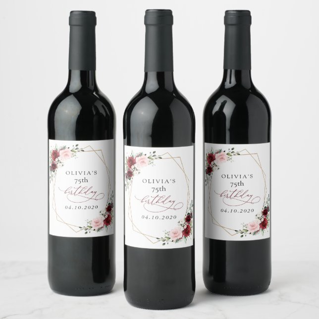Burgundy Red Flowers, Pink Flowers, Birthday Wine Label (Bottles)