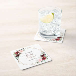 Burgundy Red Flowers, Pink Flowers, Bridal Shower Square Paper Coaster