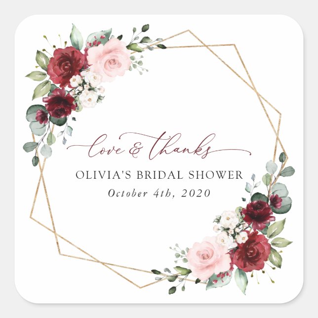 Burgundy Red Flowers, Pink Flowers, Bridal Shower Square Sticker (Front)