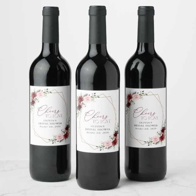 Burgundy Red Flowers, Pink Flowers, Bridal Shower Wine Label (Bottles)