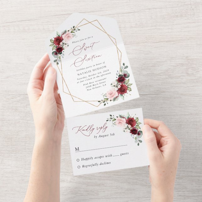Burgundy Red Flowers, Pink Flowers, Sweet 16 All In One Invitation (Tearaway)