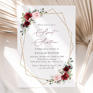 Burgundy Red Flowers, Pink Flowers, Sweet 16 Invitation