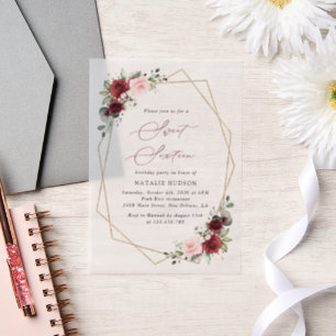 Burgundy Red Flowers, Pink Flowers, Sweet 16 Vellum Invitations