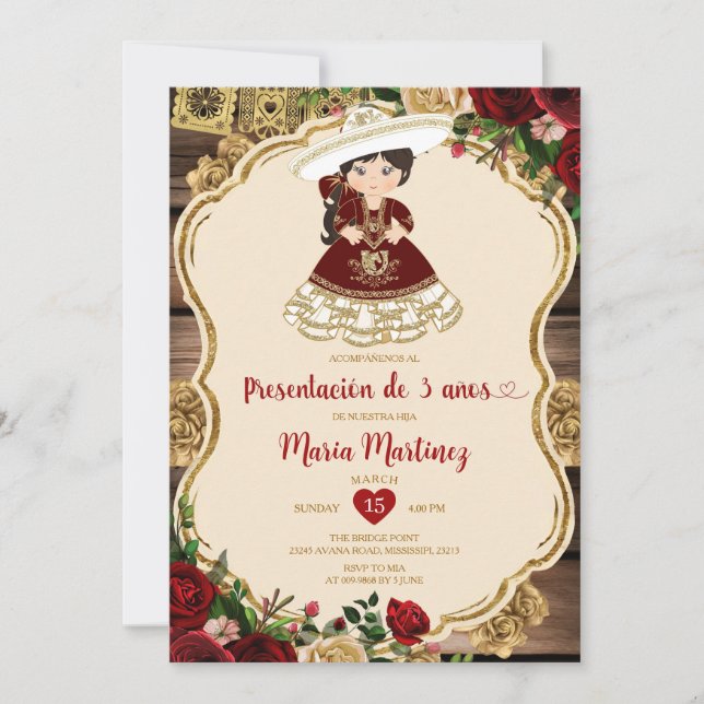 Burgundy Red Flowers Presentación De Tres Años Invitation (Front)