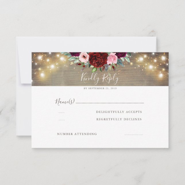 Burgundy Red Flowers Rustic Wedding RSVP (Front)