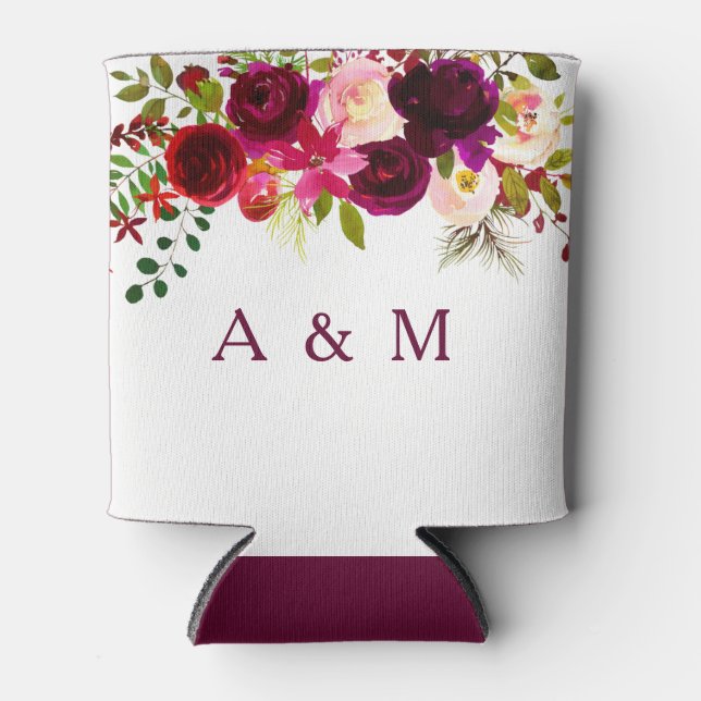 Burgundy Red Flowers Wedding Engagement Party Can Cooler (Front)