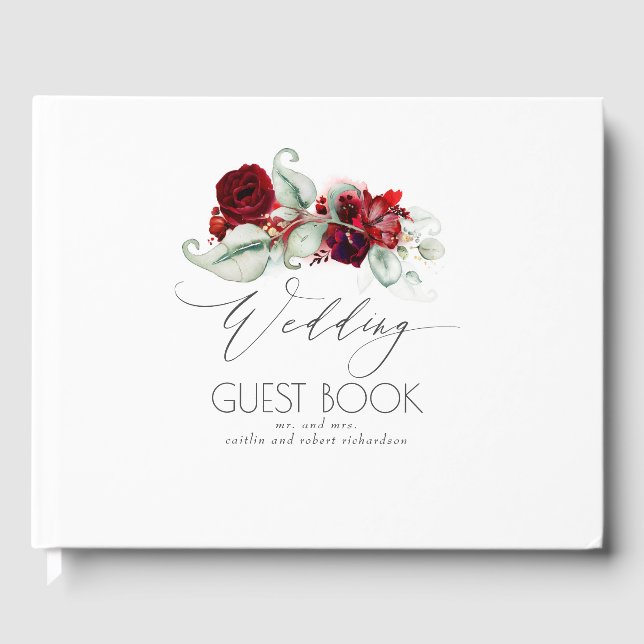 Burgundy Red Flowers Wedding Guest Book (Front)