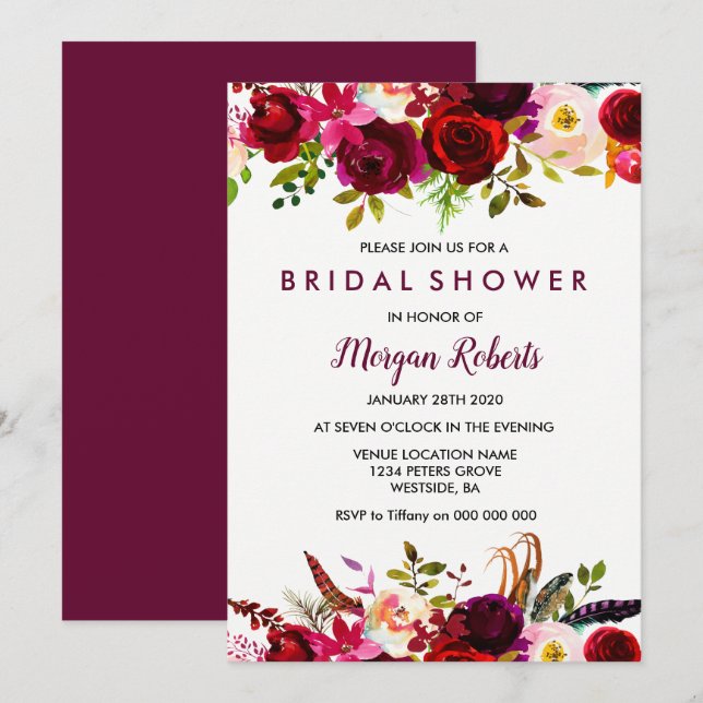 Burgundy Red Garden Floral Bridal Shower Invite (Front/Back)