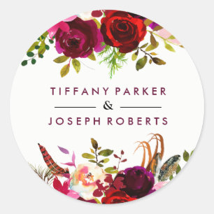 Burgundy Red Garden Floral Wedding Classic Round Sticker