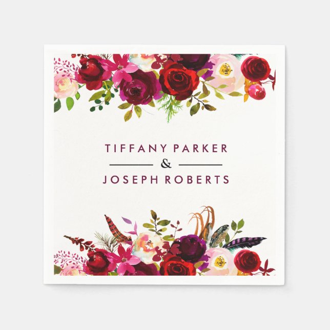 Burgundy Red Garden Floral Wedding Napkin (Front)