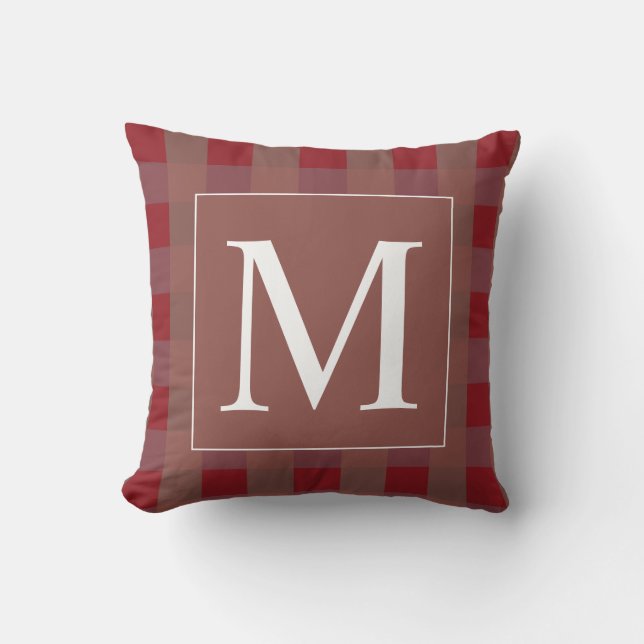 Burgundy Red Gingham Patterns White Monograms Gift Cushion (Front)