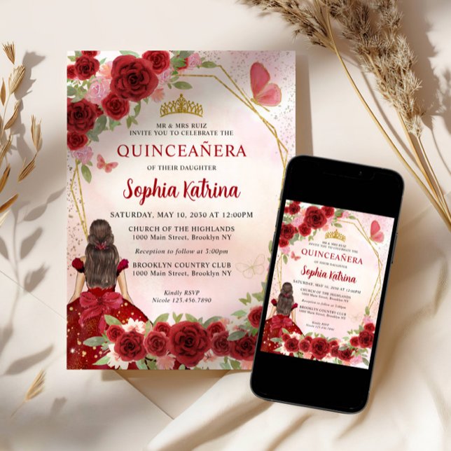 Burgundy Red Glam Gold Floral Princess Quinceañera Invitation (Creator Uploaded)