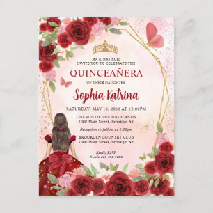 Burgundy Red Glam Gold Floral Princess Quinceañera Invitation Postcard