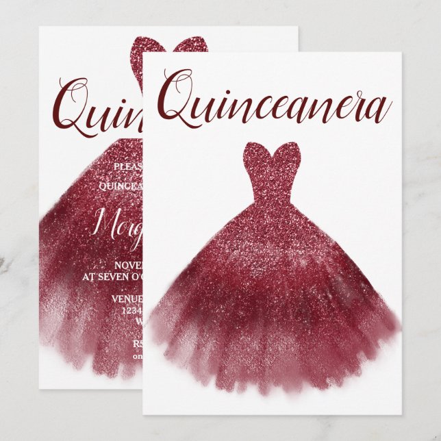 Burgundy Red Glitter Dress Quinceanera Party 15th Invitation (Front/Back)