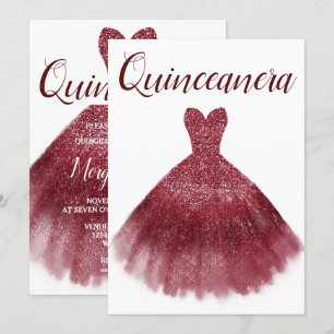 Burgundy Red Glitter Dress Quinceanera Party 15th Invitation