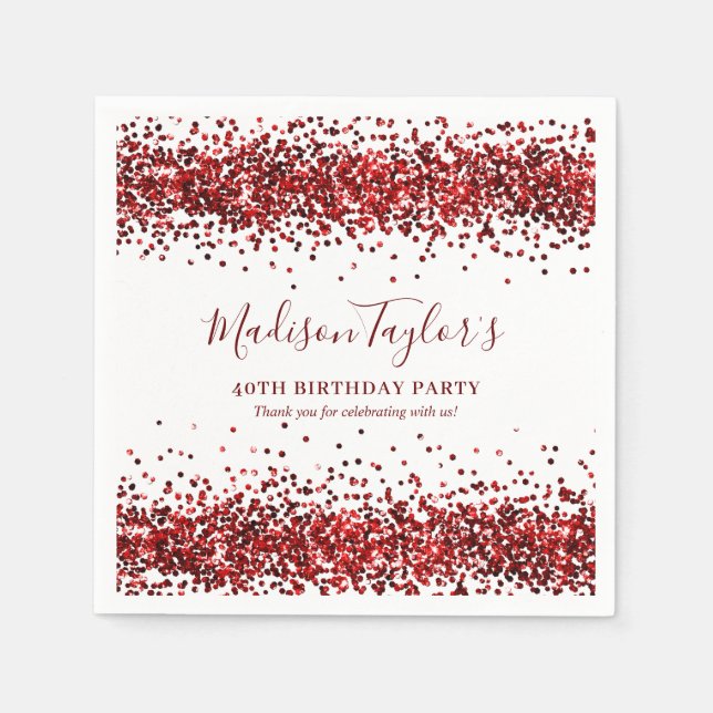 Burgundy Red Glitter Sparkle Confetti Birthday Napkin (Front)