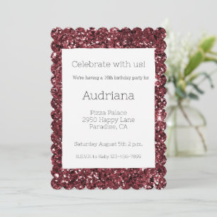 Burgundy Red Glitzy Glitter Sparkle 16th Birthday Invitation