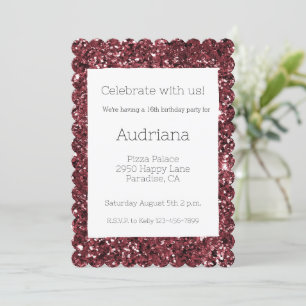 Burgundy Red Glitzy Glitter Sparkle 16th Birthday Invitation