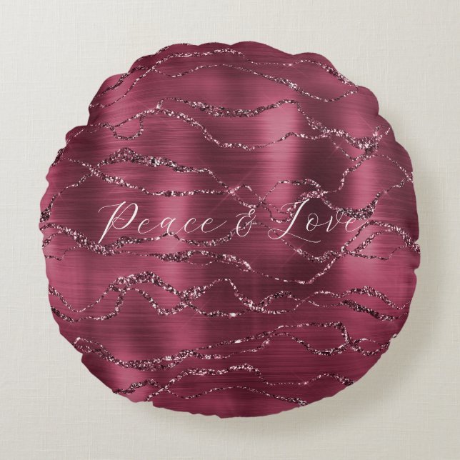 Burgundy Red Glitzy Glitter Stripes Round Cushion (Front)