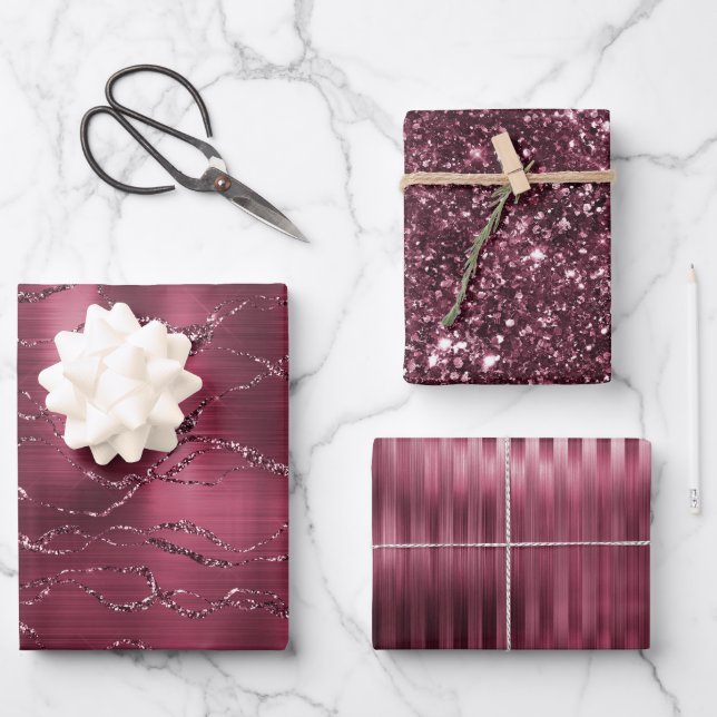 Burgundy Red Glitzy Glitter Stripes Wrapping Paper Sheet (Front)