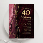 Burgundy Red Gold Agate 40th Birthday Invitation<br><div class="desc">Burgundy and gold agate 40th birthday party invitation. Elegant modern design featuring dark red marsala wine watercolor agate marble geode background,  faux glitter gold and typography script font. Trendy invite card perfect for a stylish women's bday celebration. Printed Zazzle invitations or instant download digital printable template.</div>