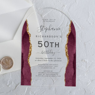 Burgundy Red Gold Agate 50th Birthday Arch Acrylic Invitations