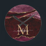 Burgundy Red Gold Agate Geode Glitter Monogram Round Clock<br><div class="desc">Modern Glam Burgundy Red Gold Glitter Sparkle Agate Geode Gemstone Elegant Feminine Monogram Script Name Clocks</div>