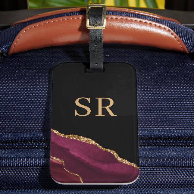 Burgundy Red Gold Agate Geode Monogram Luggage Tag (Front Insitu 2)