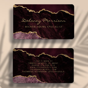 Burgundy Red Gold Agate Microblading Rounded Business Card