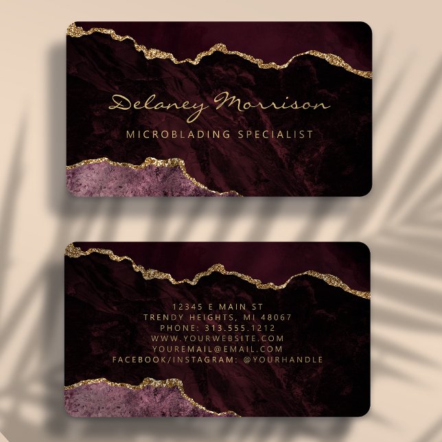 Burgundy Red Gold Agate Microblading Rounded Business Card (Creator Uploaded)