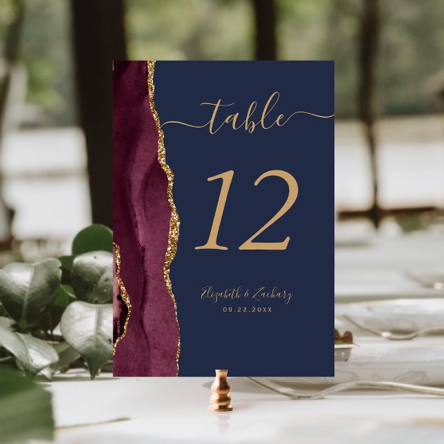 Burgundy Red Gold Agate Navy Blue Wedding Table Number (Creator Uploaded)