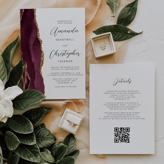 Burgundy Red Gold Agate QR Code Wedding Invitation (Creator Uploaded)