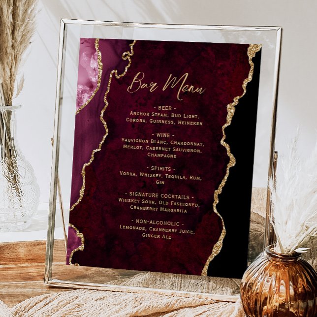 Burgundy Red Gold Agate Script Wedding Bar Menu  Poster (Creator Uploaded)