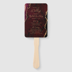 Burgundy Red Gold Agate Script Wedding Program Hand Fan