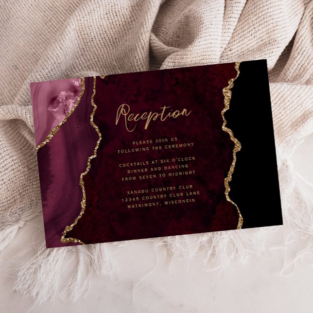 Burgundy Red Gold Agate Script Wedding Reception Enclosure Card (Creator Uploaded)