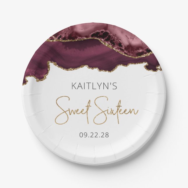 Burgundy Red Gold Agate Sweet 16 Birthday Party Paper Plate (Front)