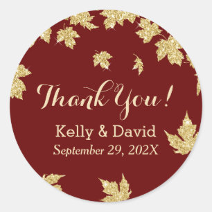 Burgundy Red & Gold Autumn Leaves Fall Wedding Classic Round Sticker