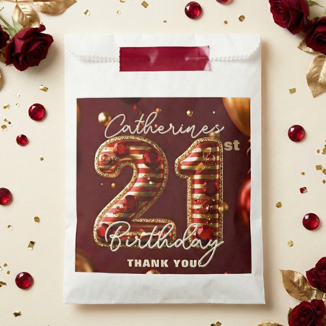 Burgundy Red Gold Balloons Gemstones 21st Birthday Favour Bags (Creator Uploaded)