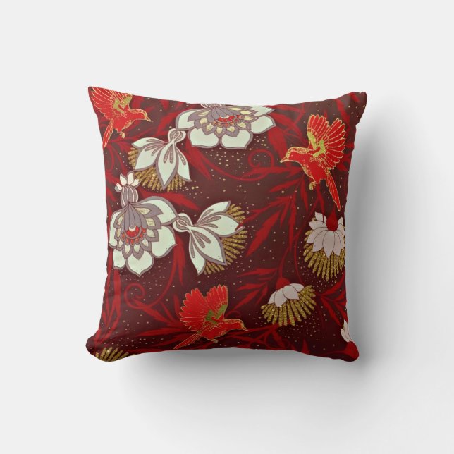 Burgundy Red Gold Bird Flowers Glitter Cushion (Front)